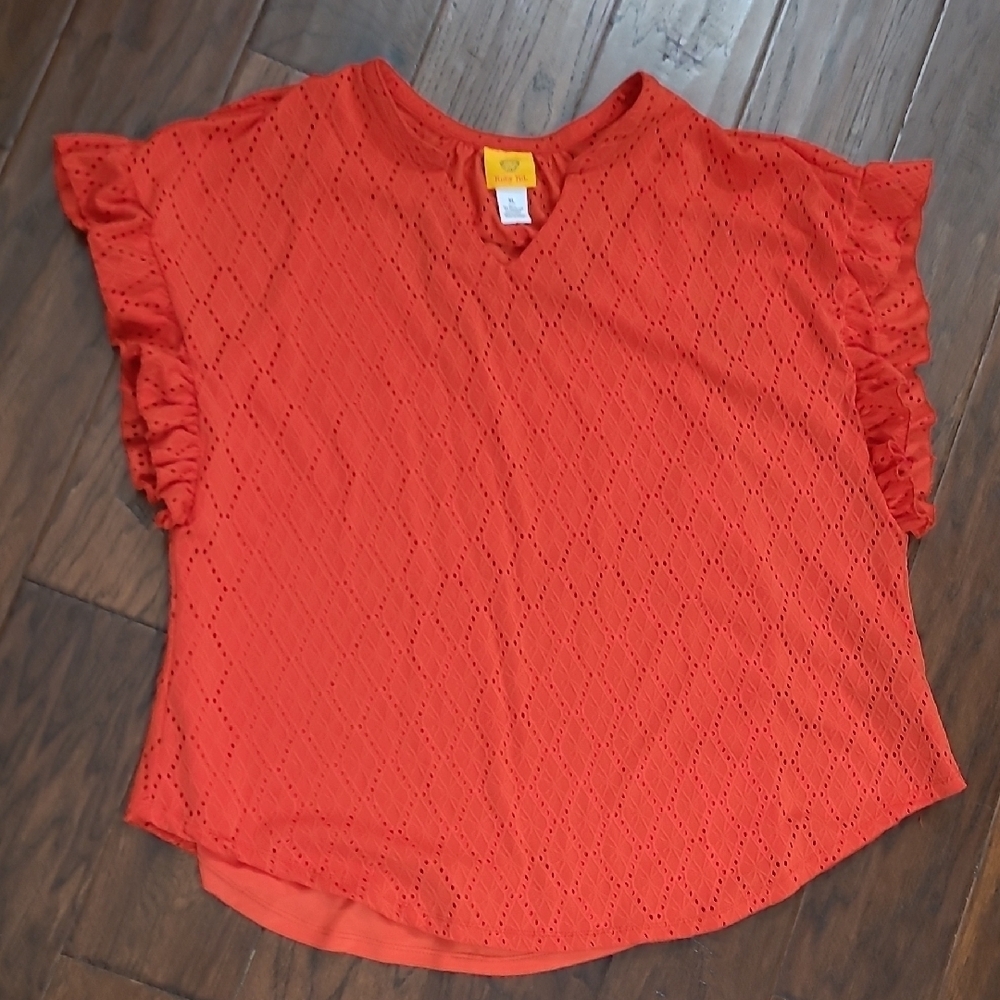 Ruby Rd Eyelet Ruffle Sleeve Blouse - Reddish Dark Orange in color size XL